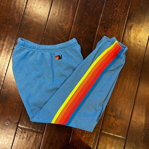 Aviator Nation Womens Blue Sweatpants with Rainbow Stripes